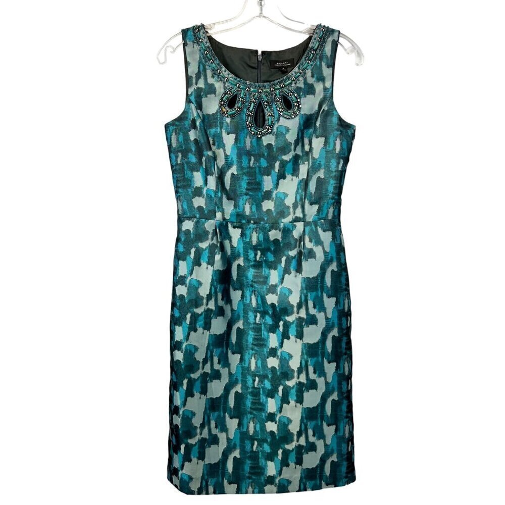 Tahari Women’s Sleeveless Pencil Dress Teal Jacquard Jeweled Neck Size 4 Zip